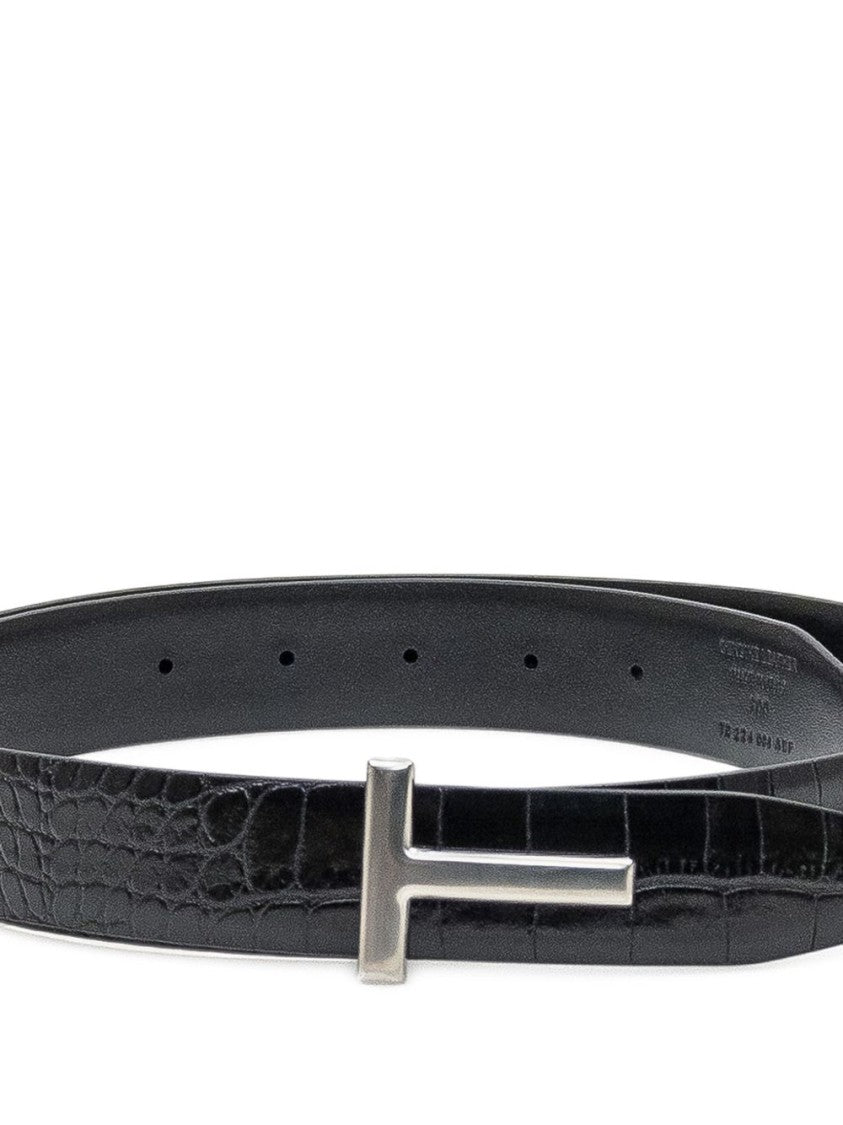 Tom Ford Glossy Crocodile-Print Calf Leather Belt With T-Buckle