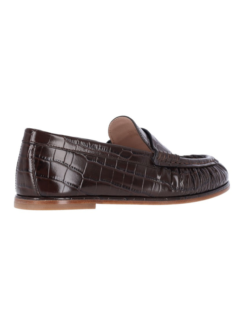 Stuart Weitzman Crocodile-Embossed Loafer Flats With Glossy Finish