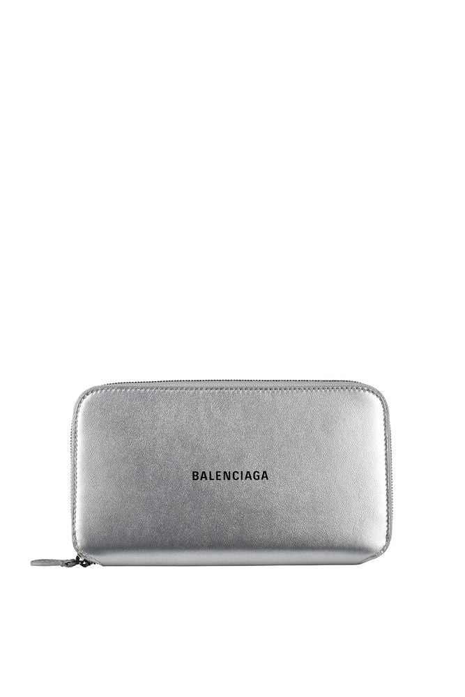 Balenciaga Silver Calfskin Leather Wallet With Zip-Around Closure