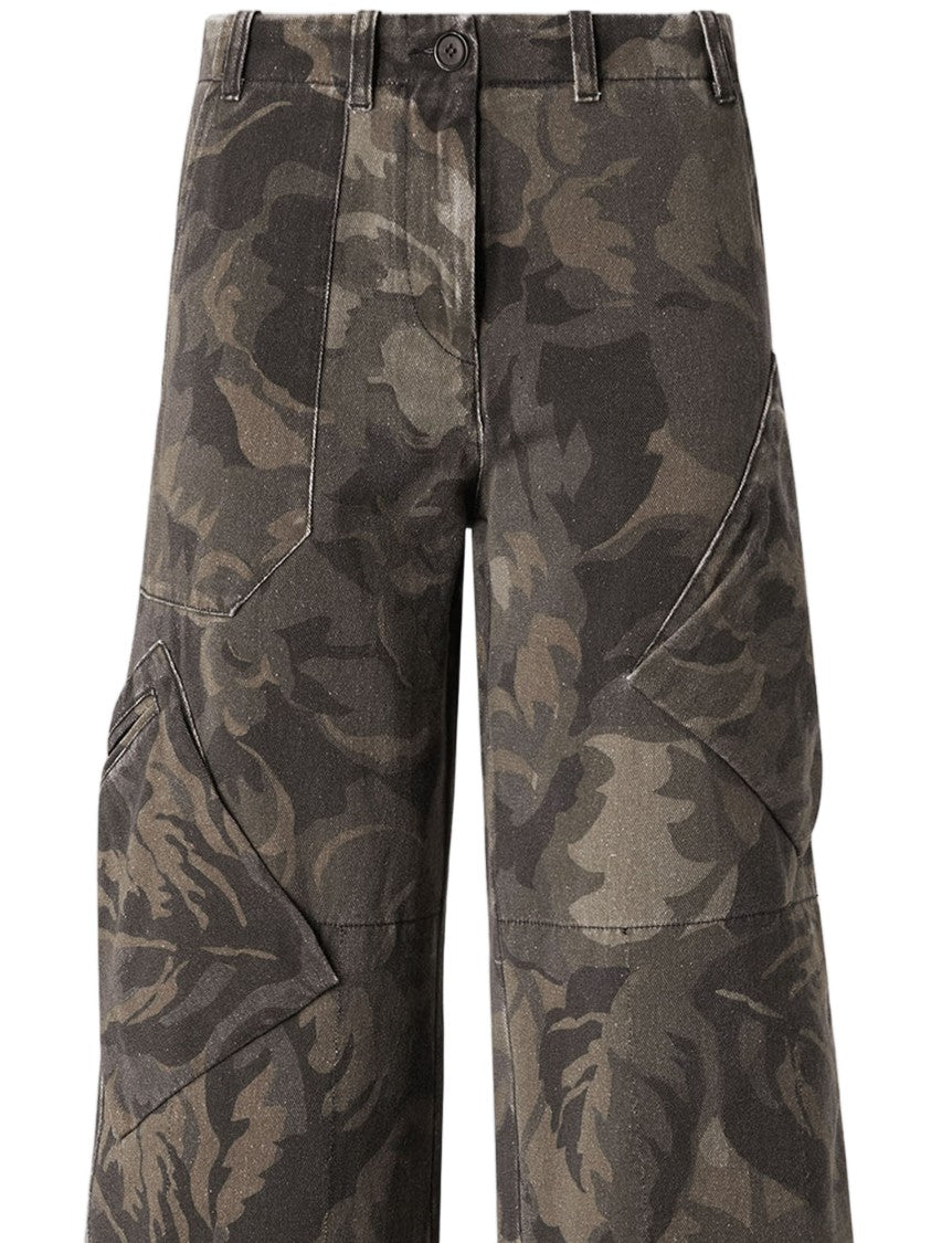 Pinko Wide-Leg Cotton Pants With Floral Camouflage Print