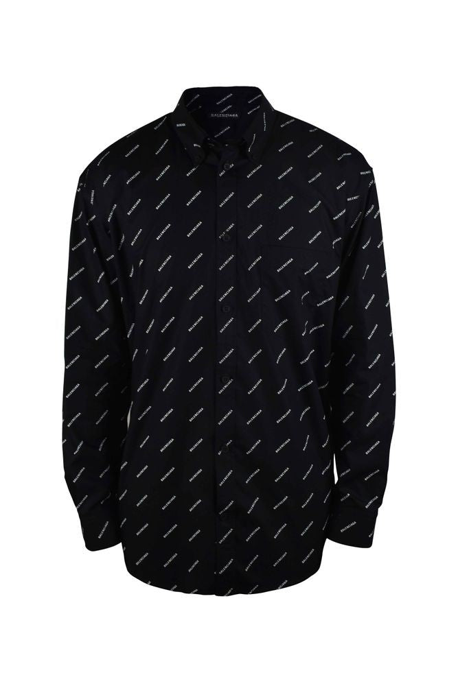 Balenciaga Black Cotton Shirt With Diagonal Logo Print