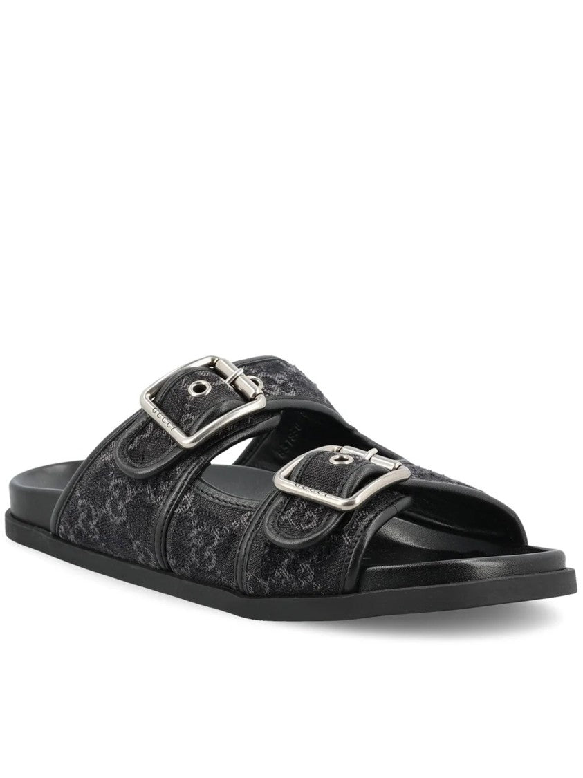 Gucci Black Rhein Slide Gg Denim Sandals