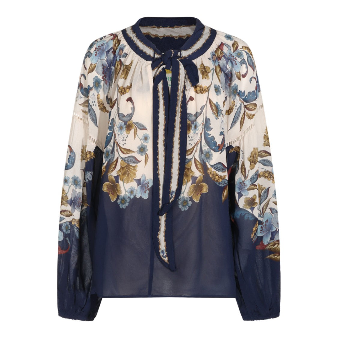 Farm Rio Sheer Floral Puffed Sleeve Tie Neck Blouse