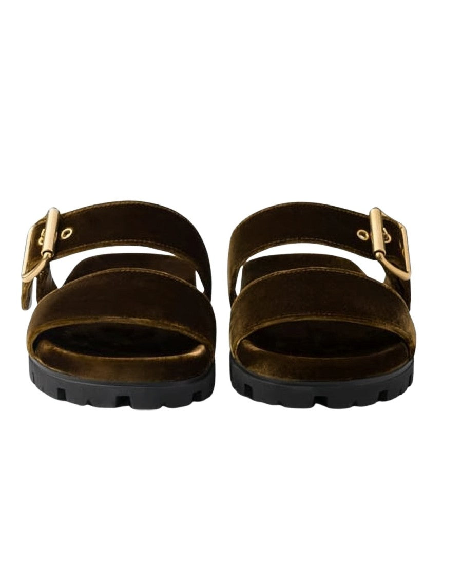 Prada Brown Velvet Mules With Gold-Tone Buckles