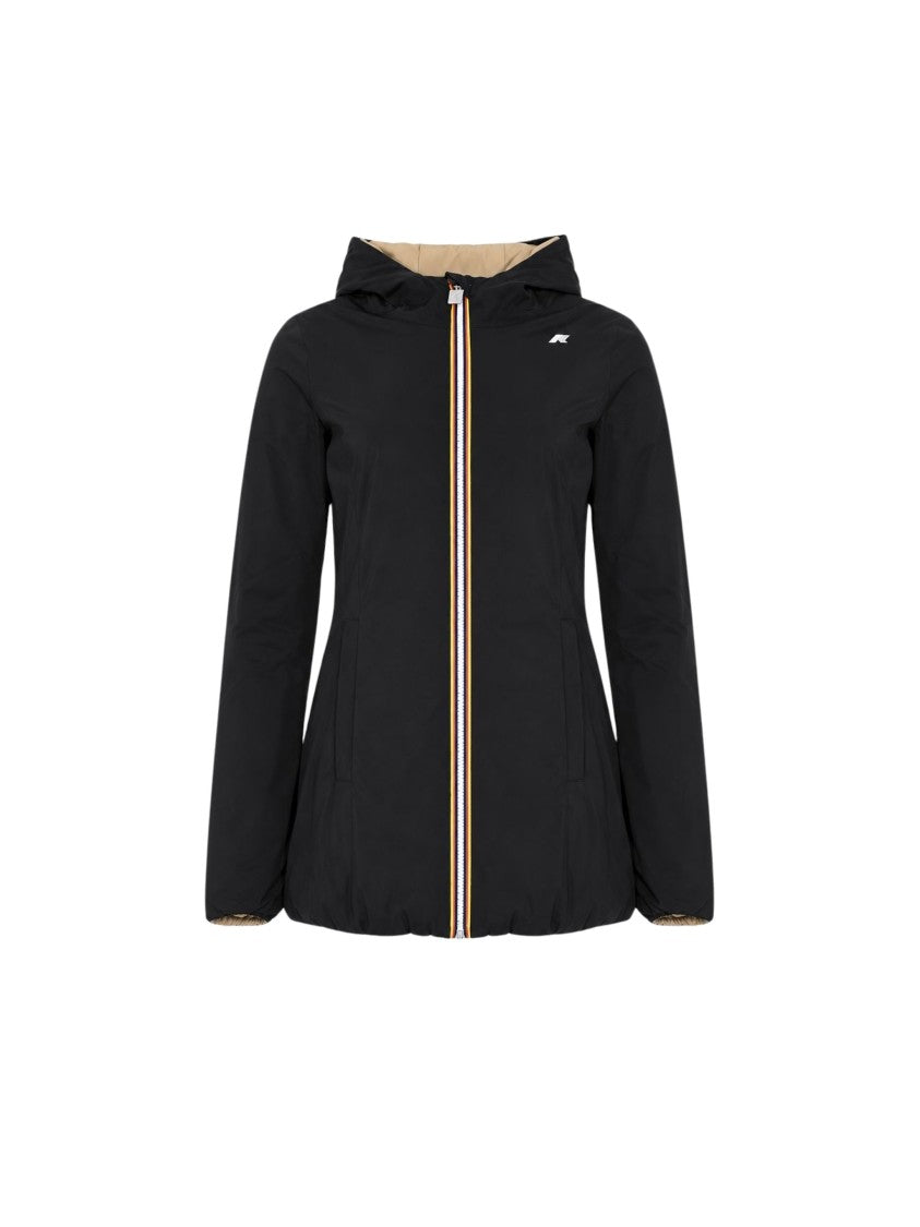 K-Way Longline Black Hooded Coat With Beige Contrast Lining