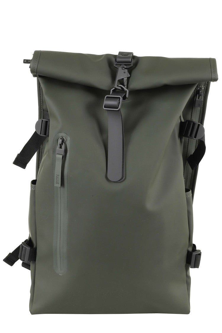 Rains Green Rolltop Rucksack Large Padded Back Polyester Backpack