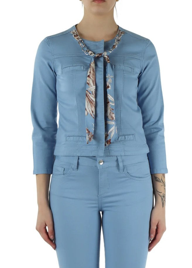 Liu Jo Three-Quarter Sleeve Blue Jacket With Floral Scarf Detail