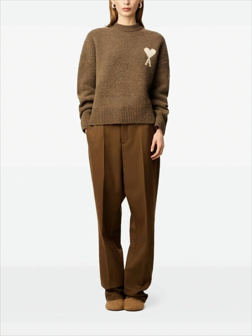 Ami Paris Relaxed Fit Brown Alpaca Wool Sweater