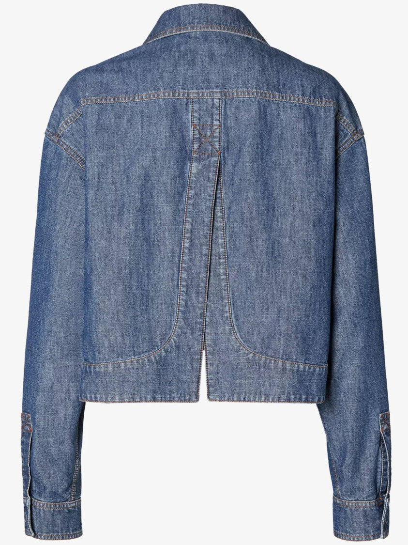Fendi Cropped Denim Jacket With Split Hem Detail And Embossed Logo