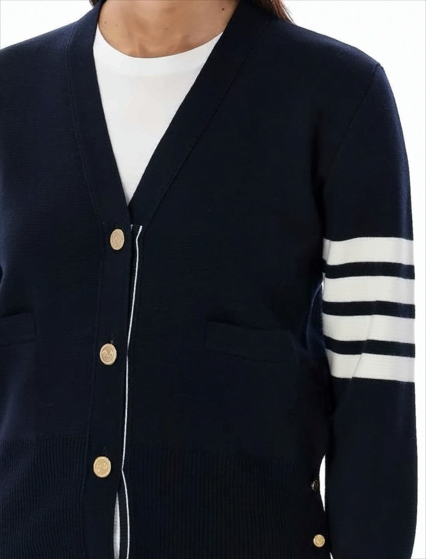 Thom Browne Classic V-Neck Merino Wool Cardigan With Striped Detail