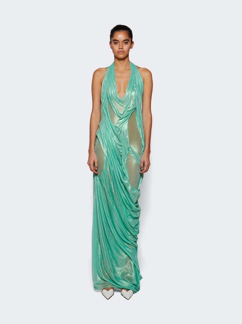 Di Petsa Siren Wetlook Halter Neck Long Dress Metallic Mint Green