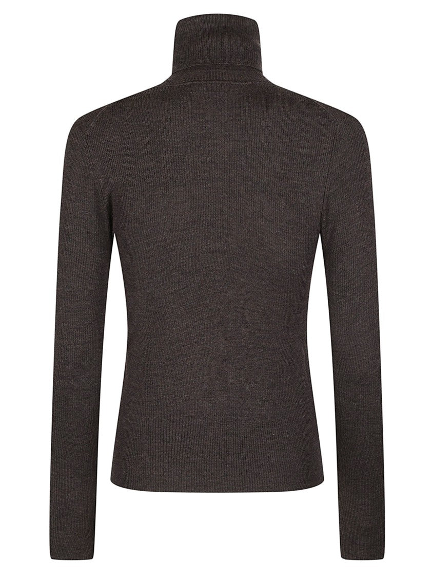 P.A.R.O.S.H. Brown Long Turtle Neck Fitted Wool Turtleneck
