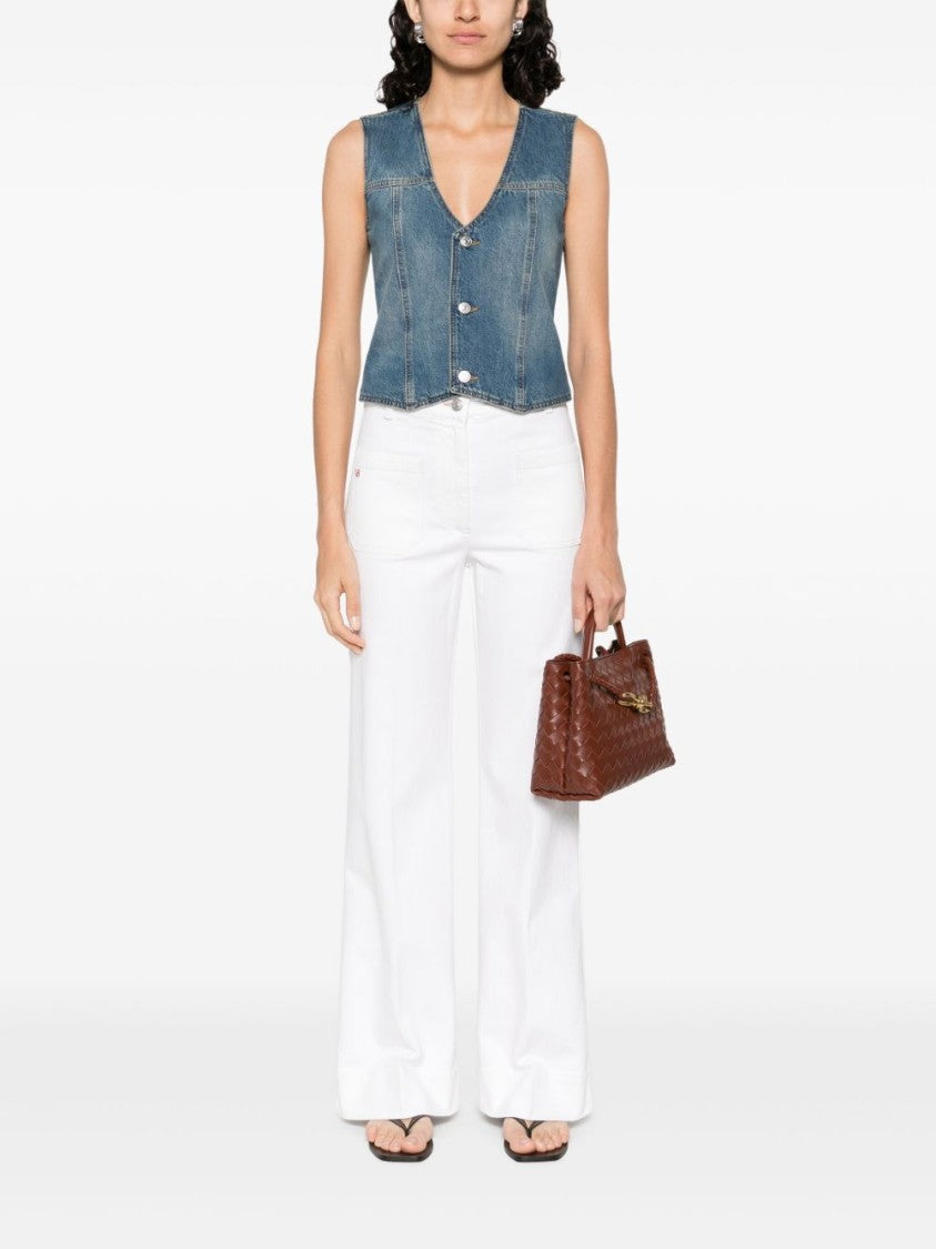 Victoria Beckham High-Waisted White Denim Flare Jeans With Design