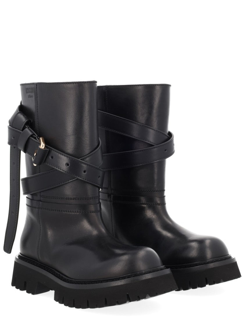 Moschino Polished Tie-Me Leather Lug Sole Boots
