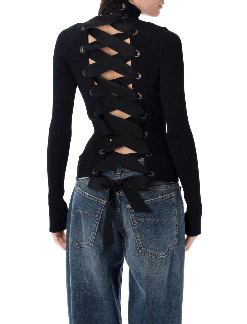 Balenciaga Lace-Up Fitted Turtleneck Top