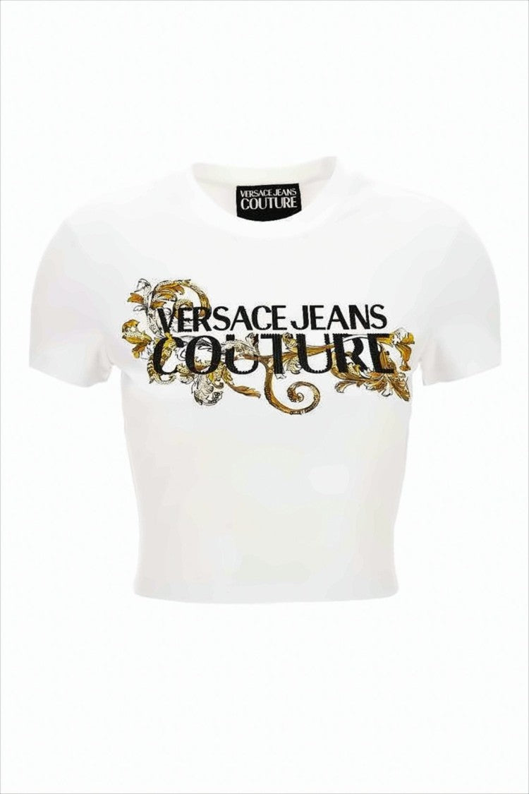 Versace Cropped Fitted T-Shirt With Baroque Print
