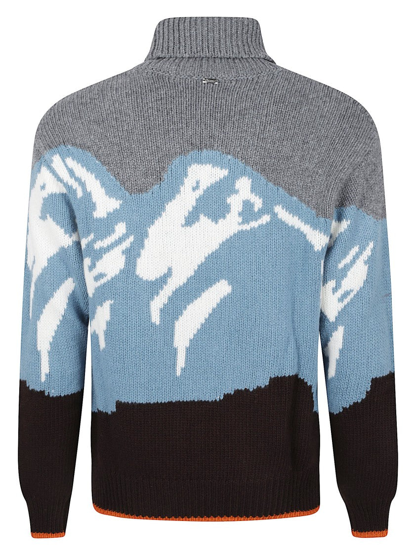 Herno Color-Blocked High Turtleneck Sweater With Abstract Patterns