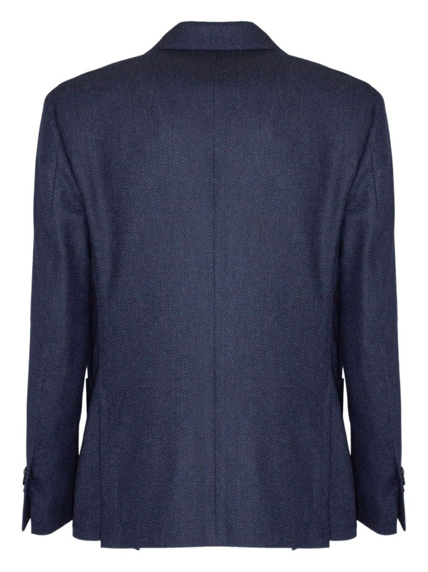 Lardini Blue Herringbone Weave Blazer With Brooch Detail