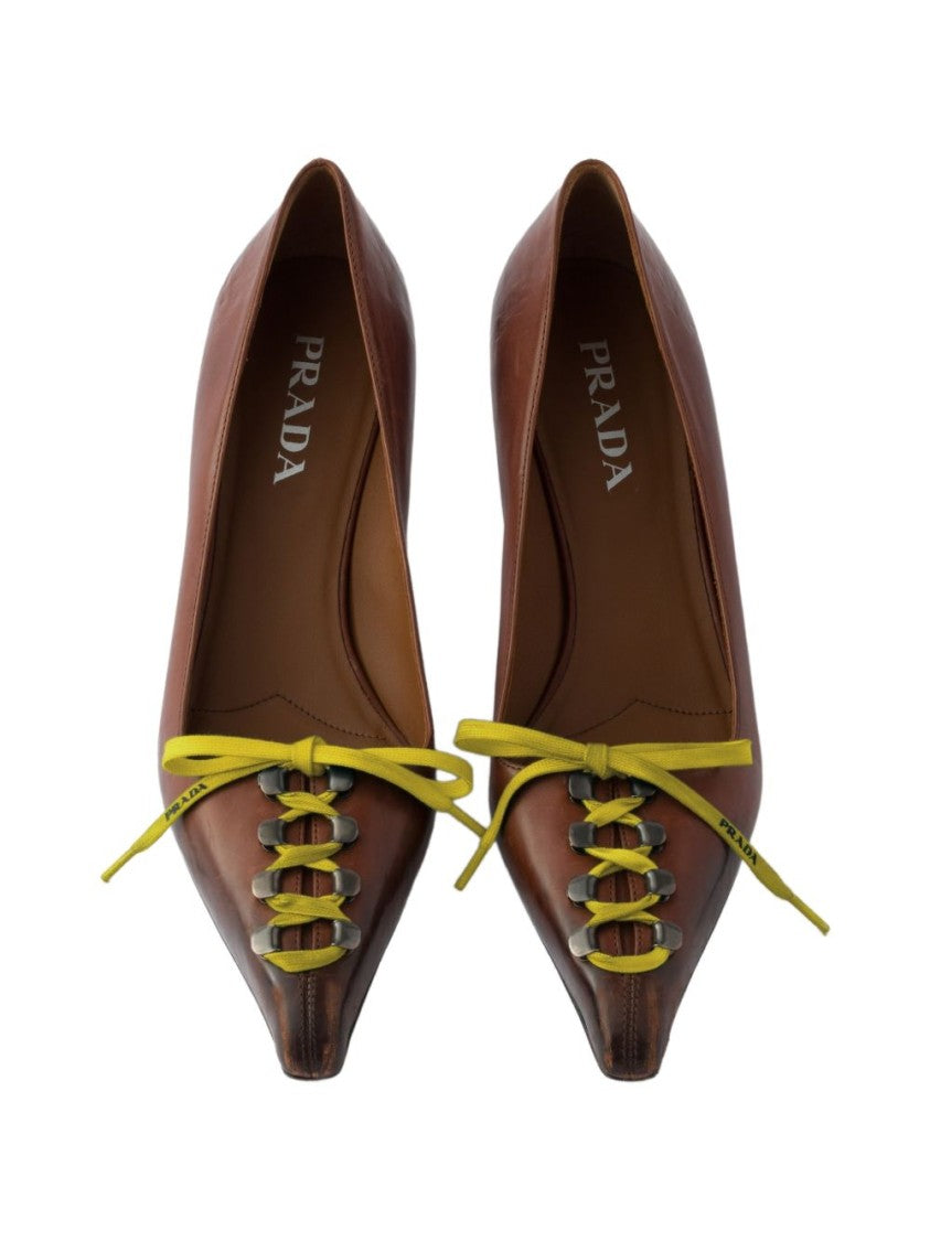 Prada Brown Leather Pointed Toe Lace-Up Flats