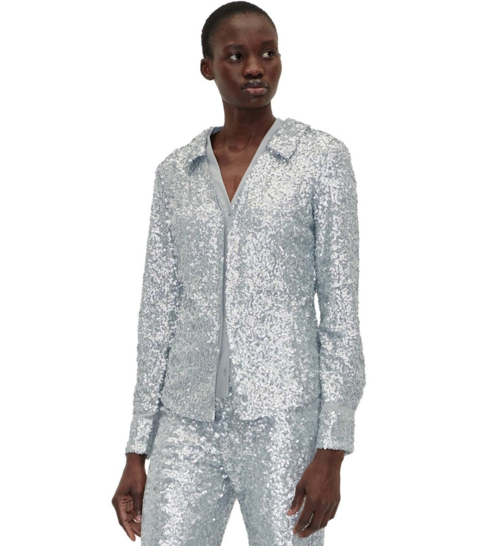 Stine Goya Silver Sequined Shirt With Double Collar And Pockets