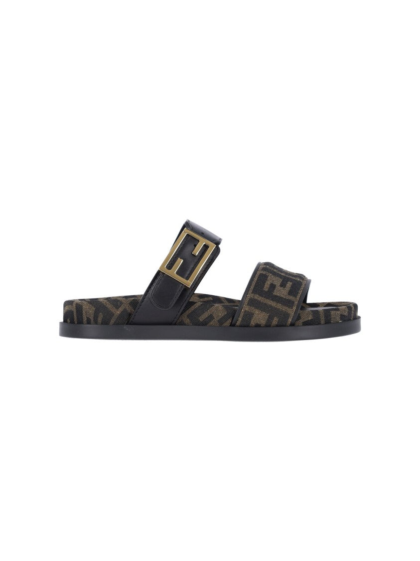 Fendi Brown Feel Embossed Logo Slide Sandals