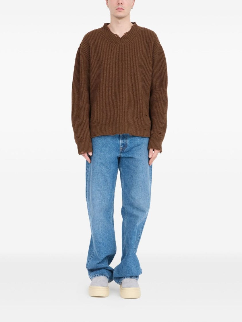 Mm6 By Maison Margiela Relaxed Fit V-Neck Sweater With Distressed Hem