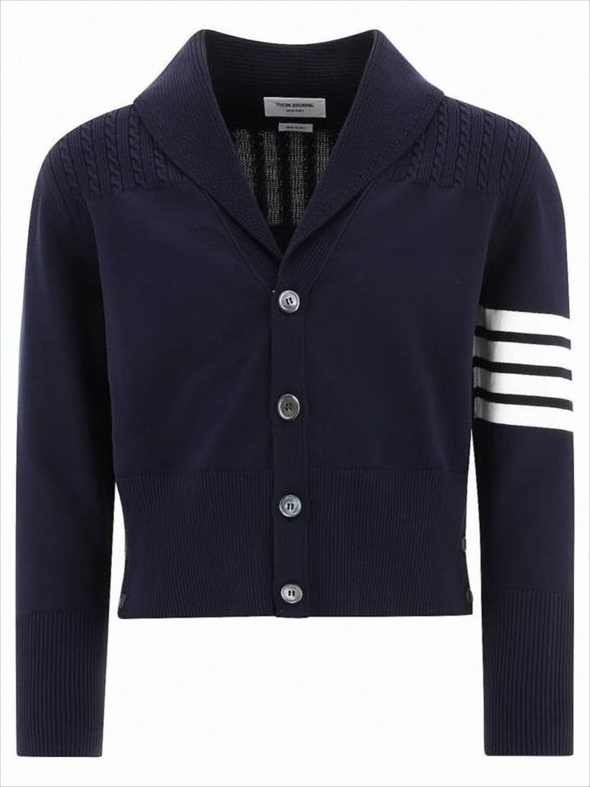 Thom Browne Cropped Blue Cardigan With Shawl Collar And Striped Detailing