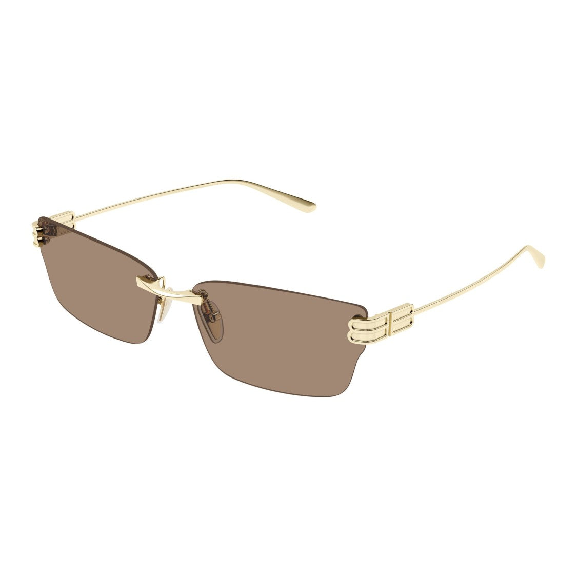 Balenciaga Rimless Gold Metal Sunglasses With Rectangular Brown Lenses