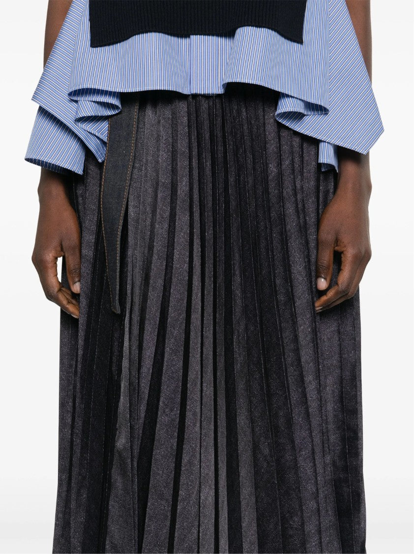 Sacai Pleated Grey Skirt With Denim And Soft Fabric Construction