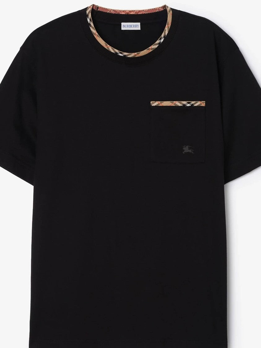 Burberry Black Ryan Checkered Trim Cotton T-Shirt