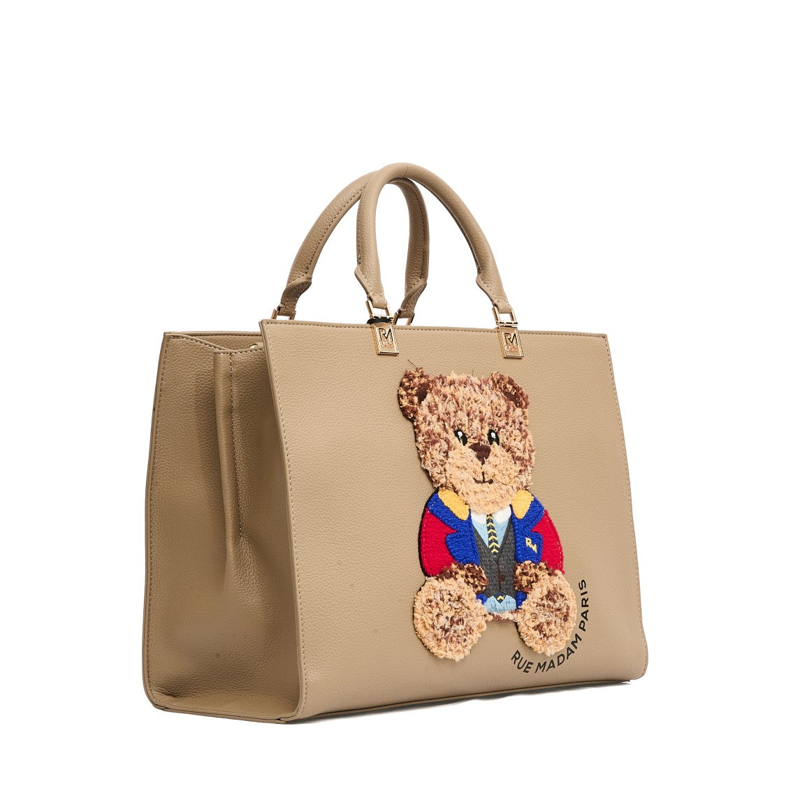 Rue Madame Structured Eco-Leather Tote Bag With Teddy Bear Applique