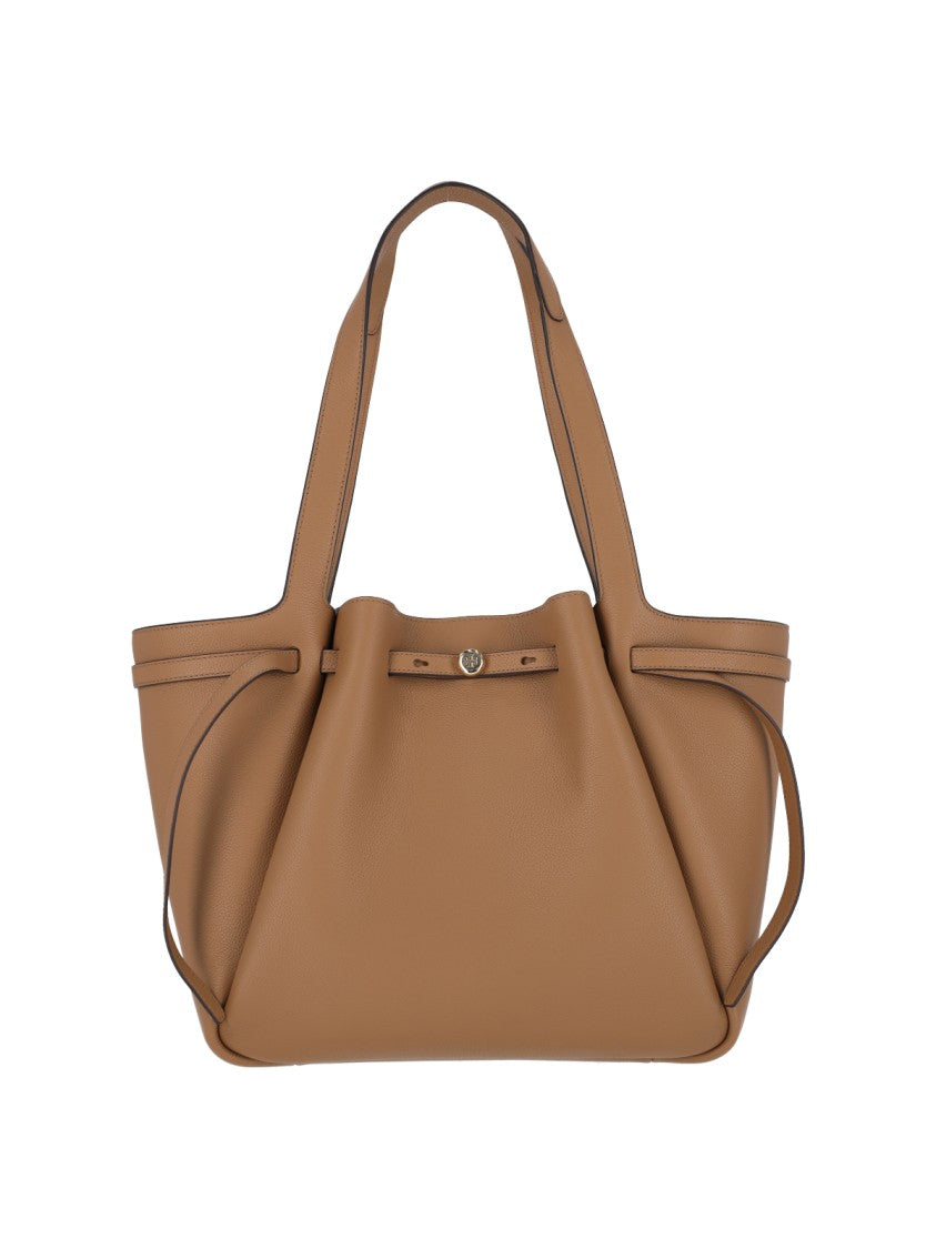 Tory Burch Romy Metal Logo Beige Textured Leather Shoulder Bag