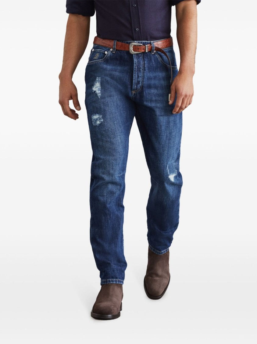 Brunello Cucinelli Indigo-Blue Cotton Trousers With Distressed Finish