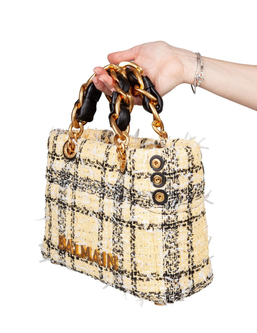 Balmain Vibrant Tartan Soft Cabas Handbag With Chain Detail