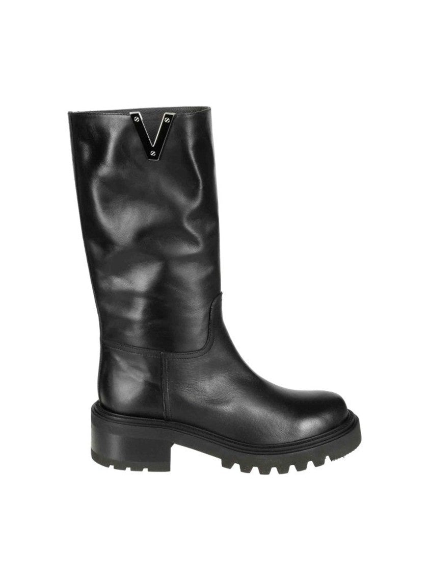 Via Roma 15 Sleek Mid-Calf Boots With Silver Logo Detailing