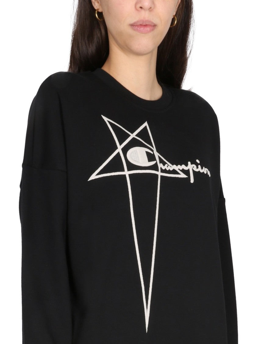 Champion X Rick Owens Oversized Black Sweatshirt With Logo Embossing