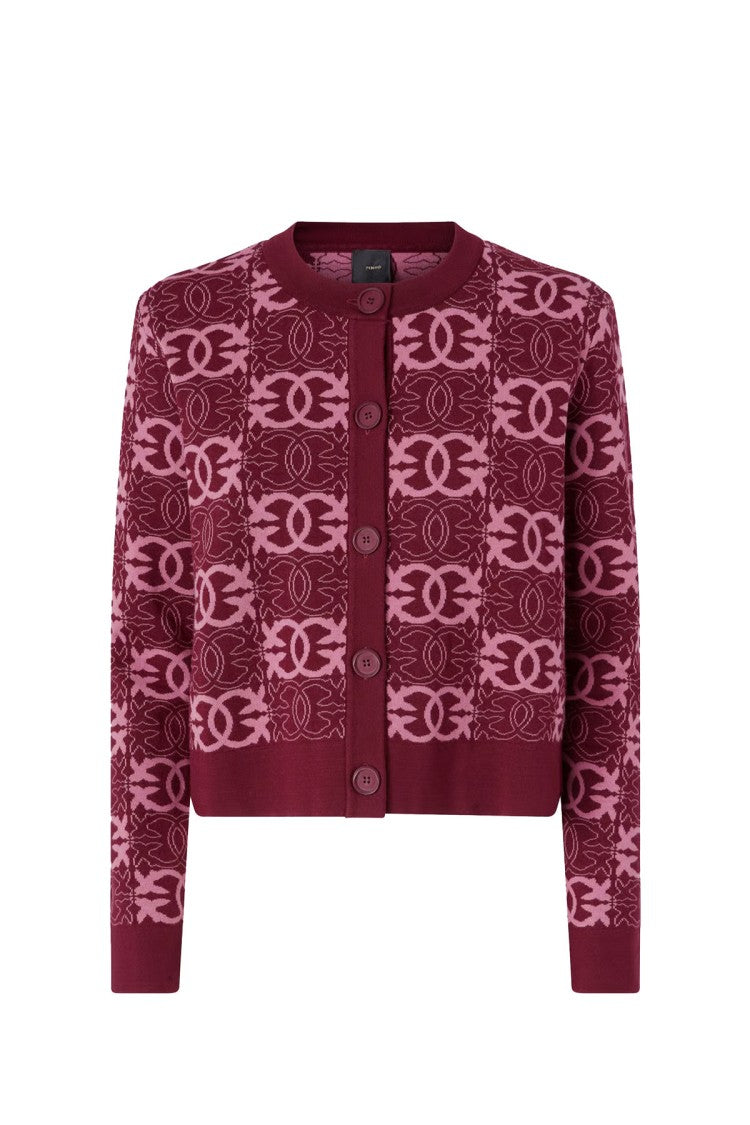 Pinko Burgundy Logo Jacquard Button-Front Polyester-Blend Cardigan