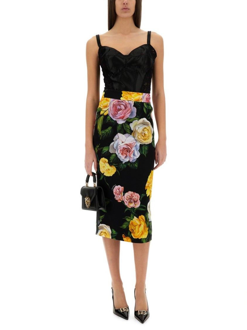 Dolce & Gabbana Peony And Rose Print Charmeuse Longuette Skirt