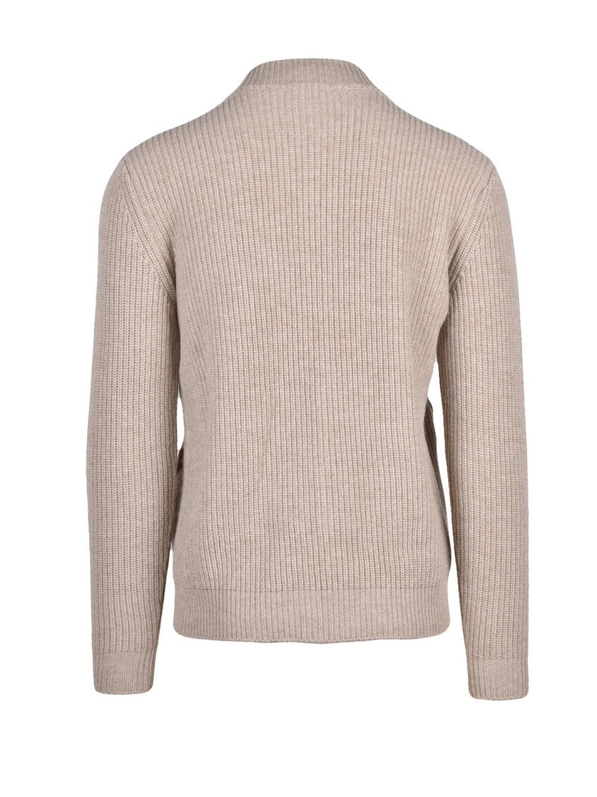 Slowear By Zanone Beige Ribbed High Collar Virgin Wool Zip Cardigan