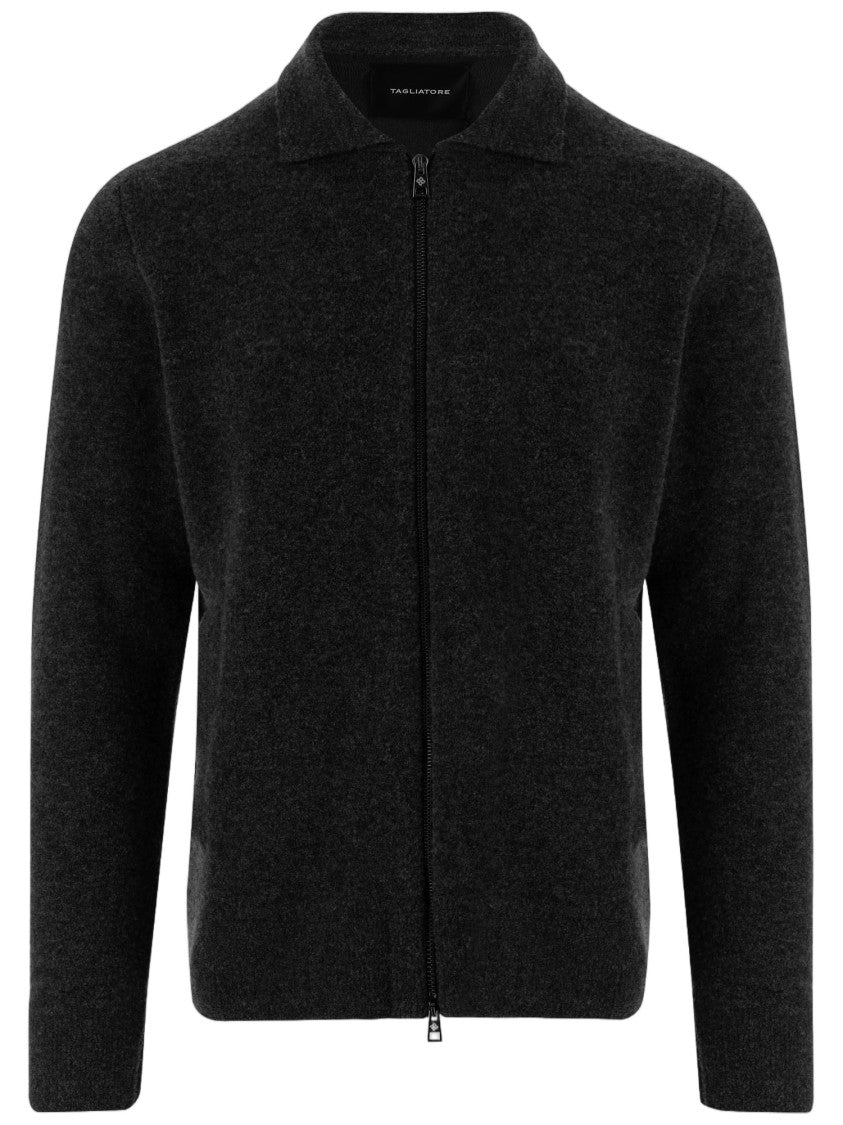 Tagliatore Black Double-Zipper Wool-Cotton Cardigan