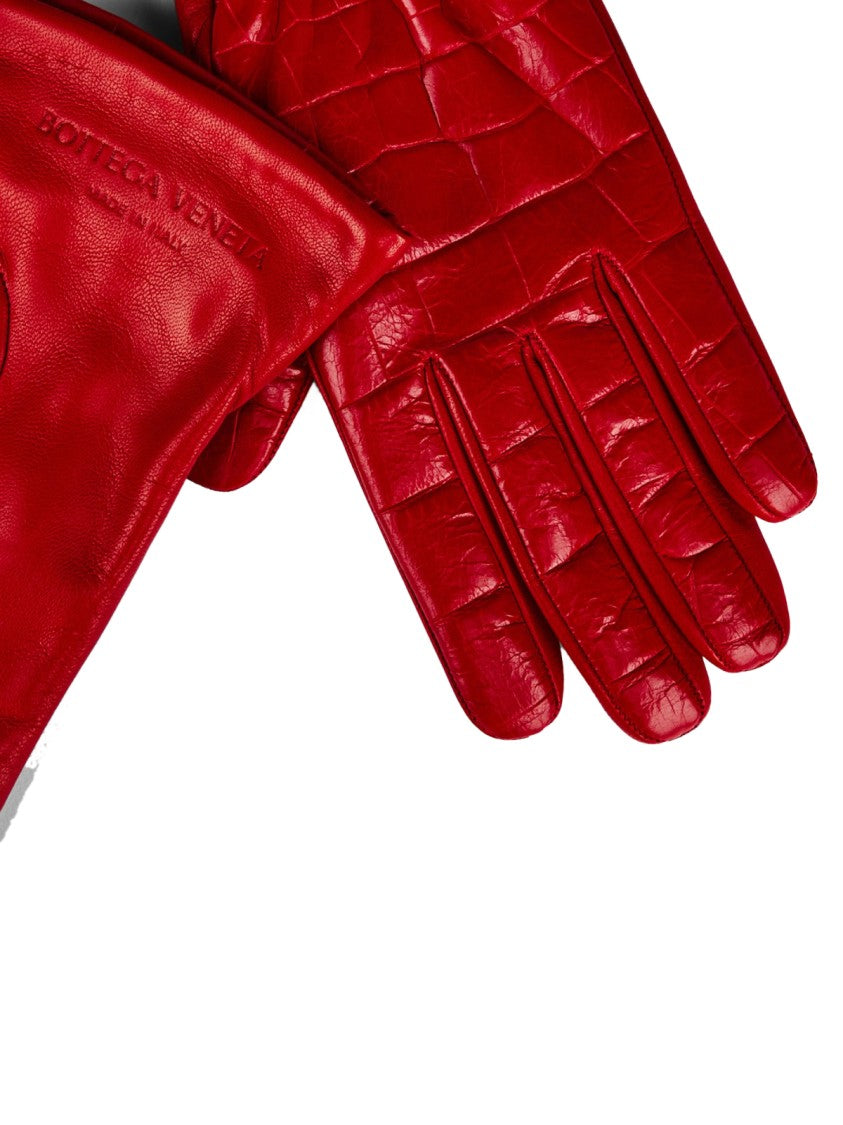 Bottega Veneta Croc Embossed Logo Leather Gloves