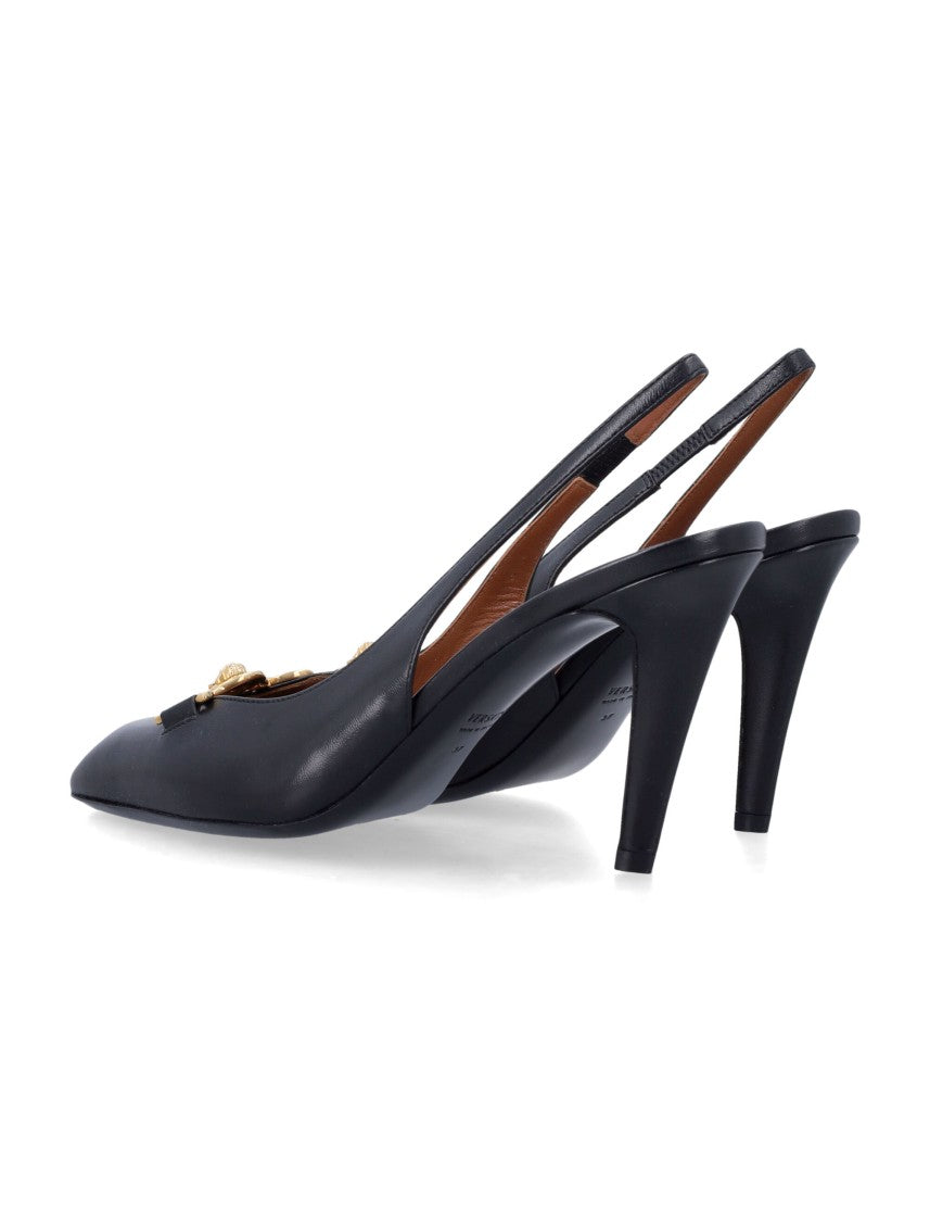 Versace Sling Back 90 Gold Emblem Pointed Toe Pumps