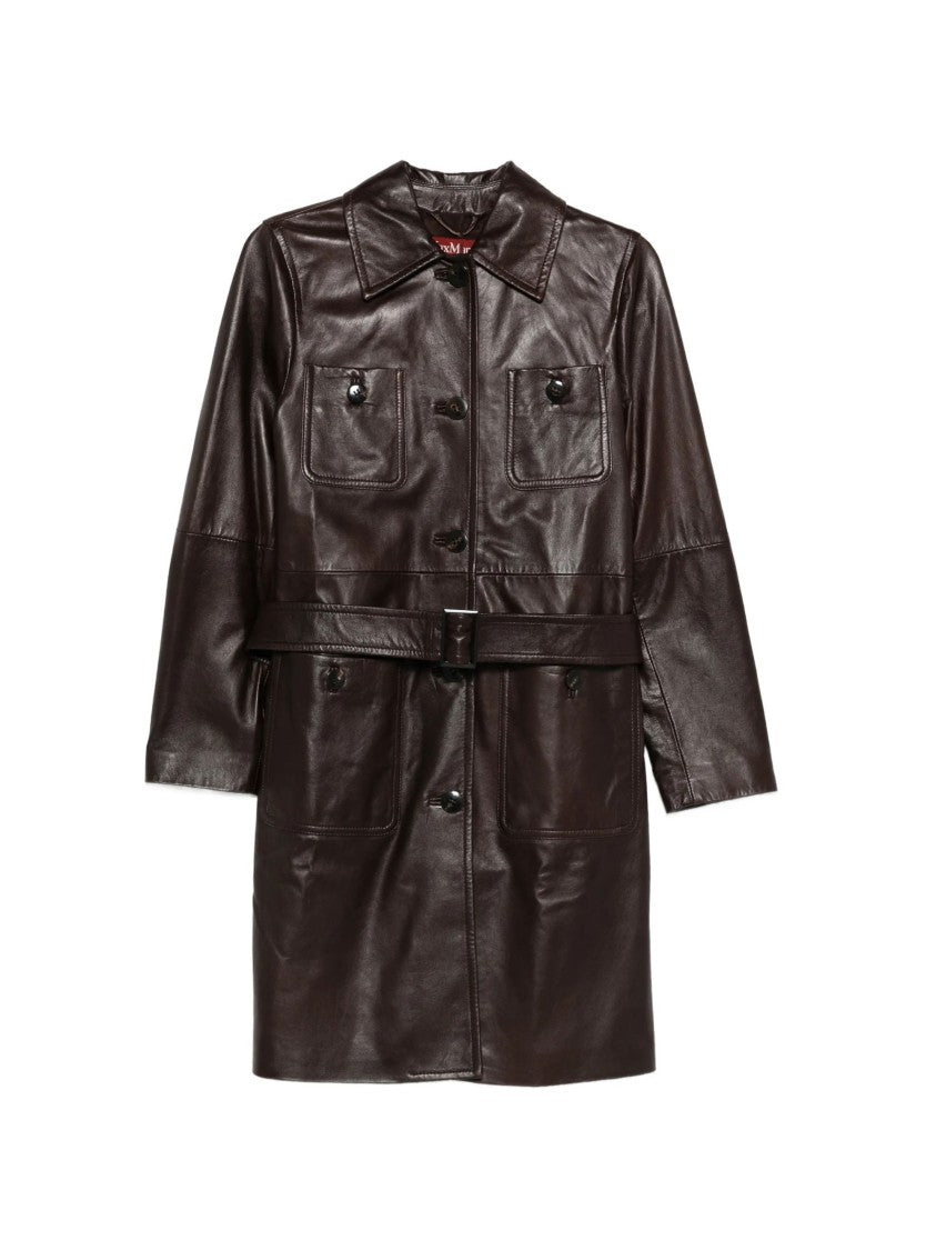Max Mara Brown Applied Pockets Leather Trench Coat