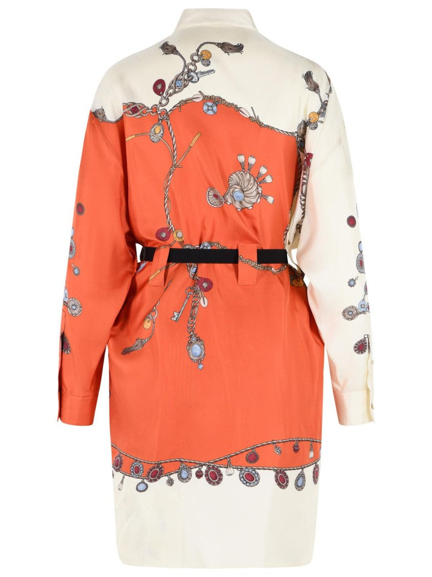 Versace Silk Mini Dress With Pointed Collar And Abstract Pattern