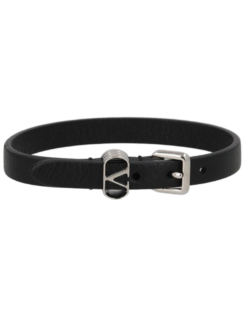 Valentino Garavani Ovalette Slim Black Calf Leather Bracelet