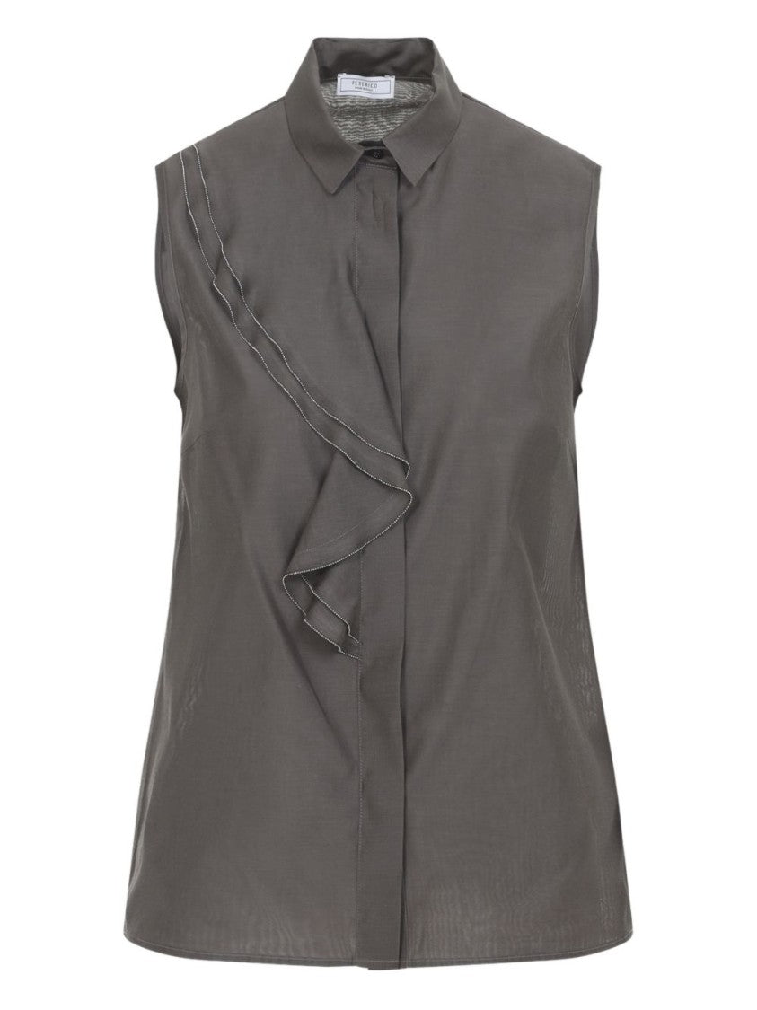Peserico Sleeveless Brown Blouse With Classic Collar