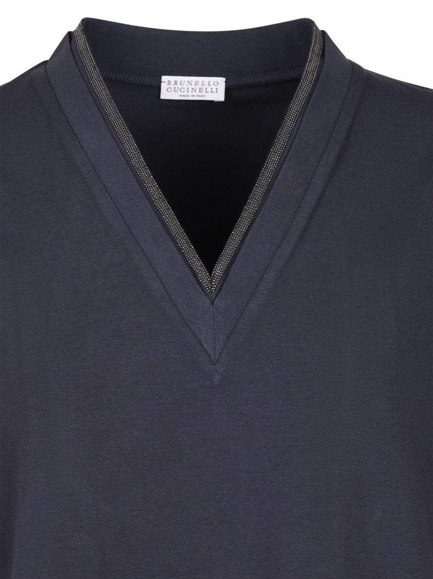 Brunello Cucinelli Deep V-Neck T-Shirt With Metallic Trim