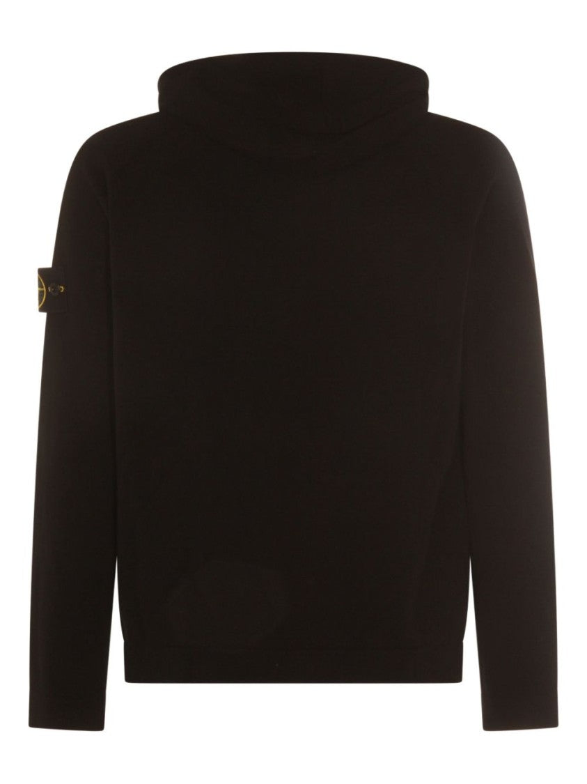 Stone Island Minimalist Black Hooded Sweater With Ribbed Cuffs And Logo Badge