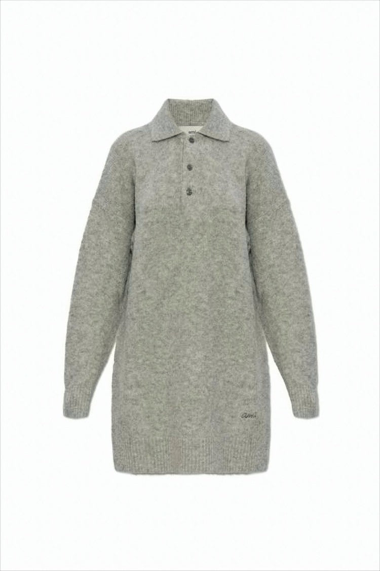 Ami Paris Fuzzy Polo Collar Sweater With Button Placket