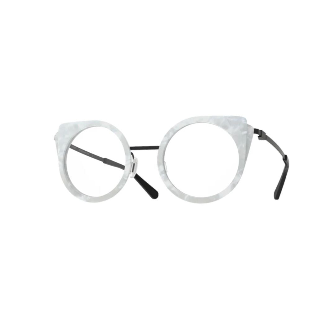 Gamine Cat.4-Sdm.1-S1 Translucent White Marble Round Eyeglasses With Black Metal Temples